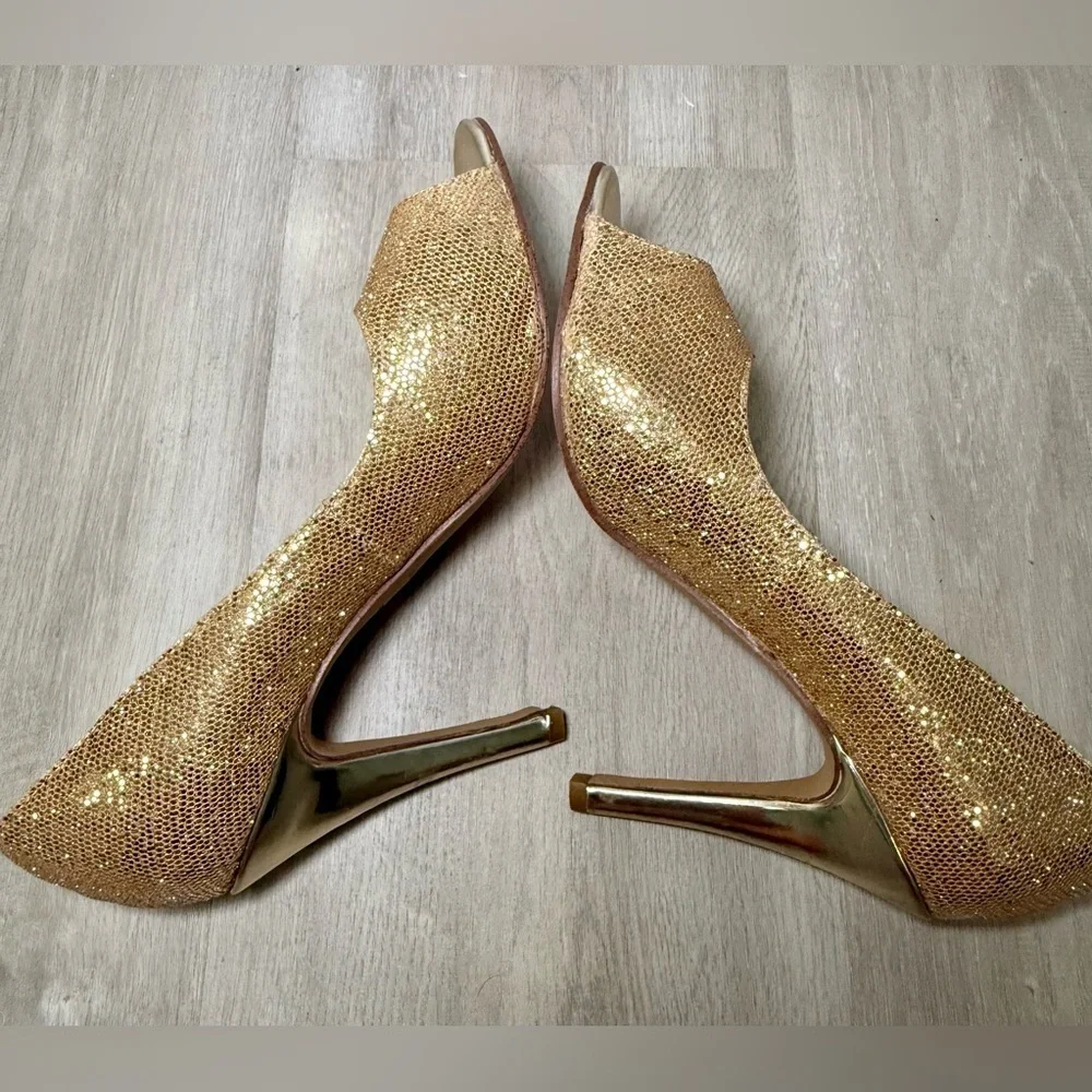 Jimmy Choo Gold Glitter Peep Toe Pumps Women’s EU 38 US 7.5 Stiletto Heels